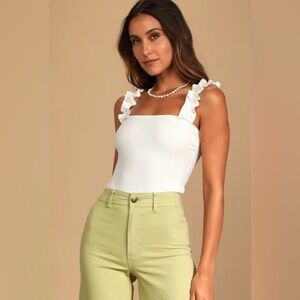 Lulus Musing About You White Ribbed Ruffle Strap Bodysuit Size Small